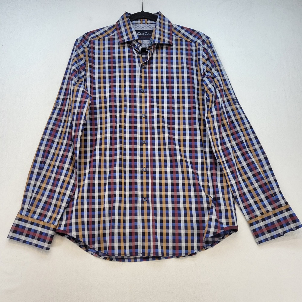 Robert Graham Button Down Men Medium Blue Plaid Tailored Fit Stretch Long Sleeve